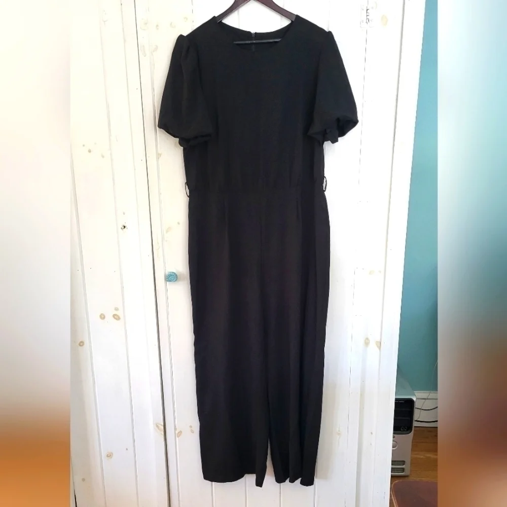 Pretty garden Puff Sleeve Wide Leg Belted Black Jumpsuit Size XL - Picture 2 of 15